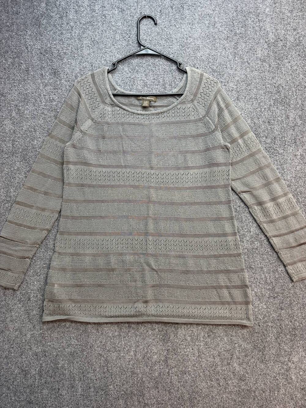 Tommy Bahama Women's L Gray Pointelle Open Knit 3/4 Sleeve Sweater Top